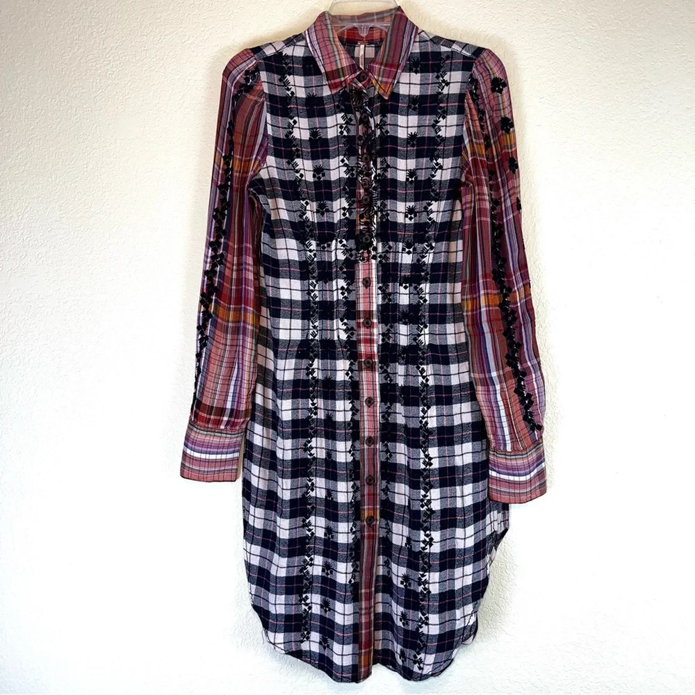 Free People Women’s Plaid Wool Blend Embroidered Long Sleeve Shirt Dress Sz S - Picture 13 of 13